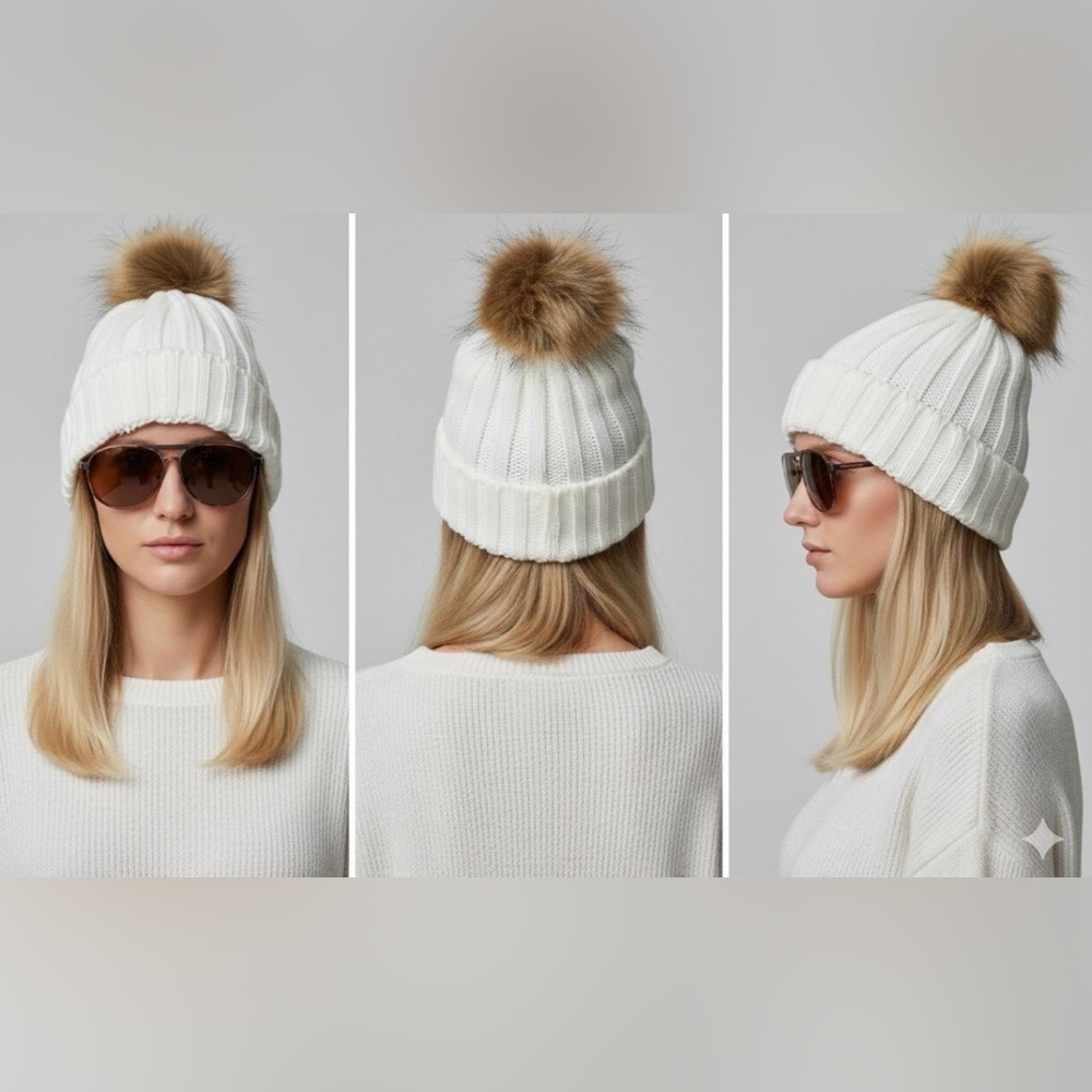 White Knit Beanie with Brown Pom-Pom